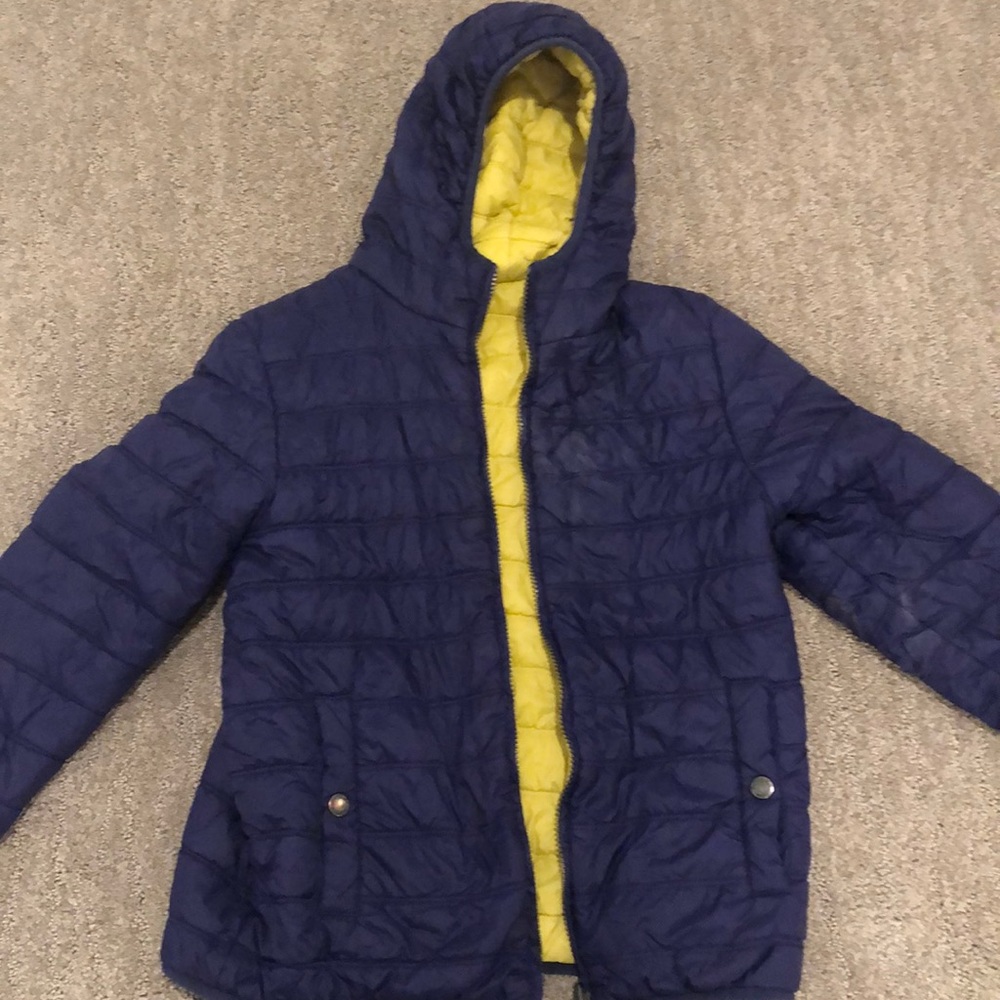 Boden reversible purple and yellow puffer jacket